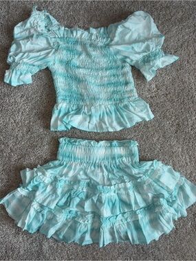 Cake For Dinner Aqua Blue Tie Dye Smocked Ruffle Crop Top Skirt Set XS
